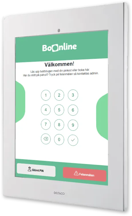 Kontrollenhet med BoOnline på väggen utanför tvättstugan